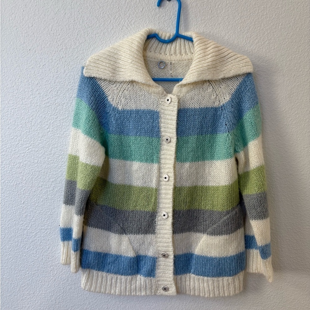 One Girl Who Cream and Blue Striped Cardigan